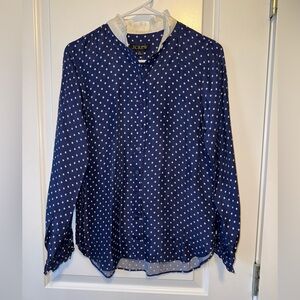J.Crew Blue Polka Dot Ruffle Neck XS Blouse NWT